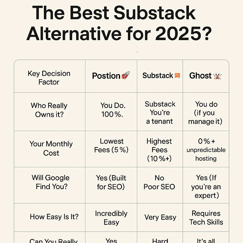 Postion vs. Substack vs. Ghost: The Best Substack Alternative for 2025?